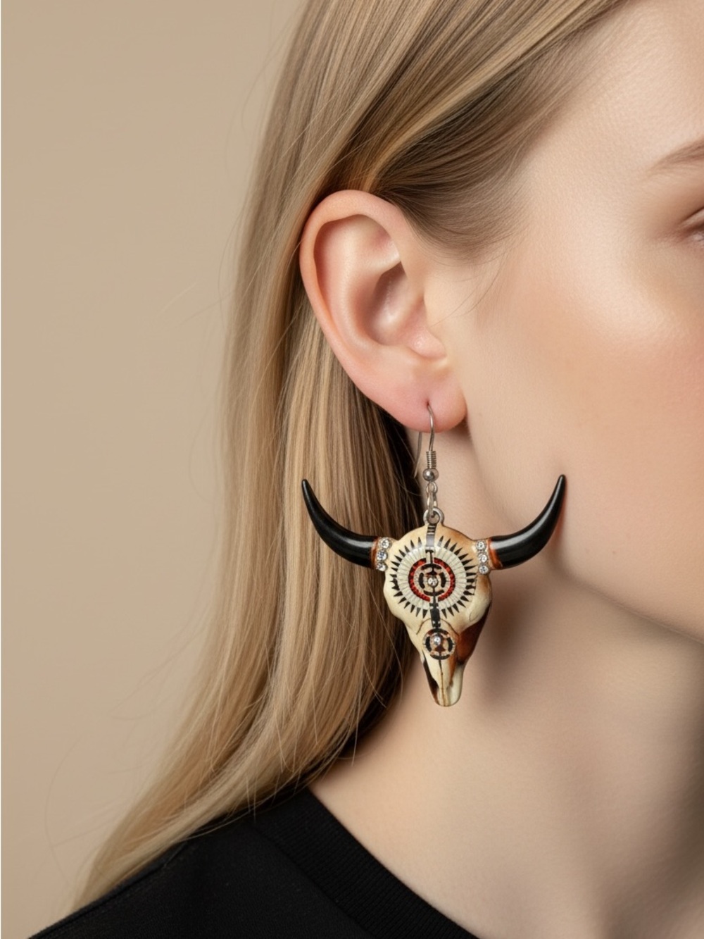 9/17 Bohemian Bull Skull Drop Earrings in Ivory & Black